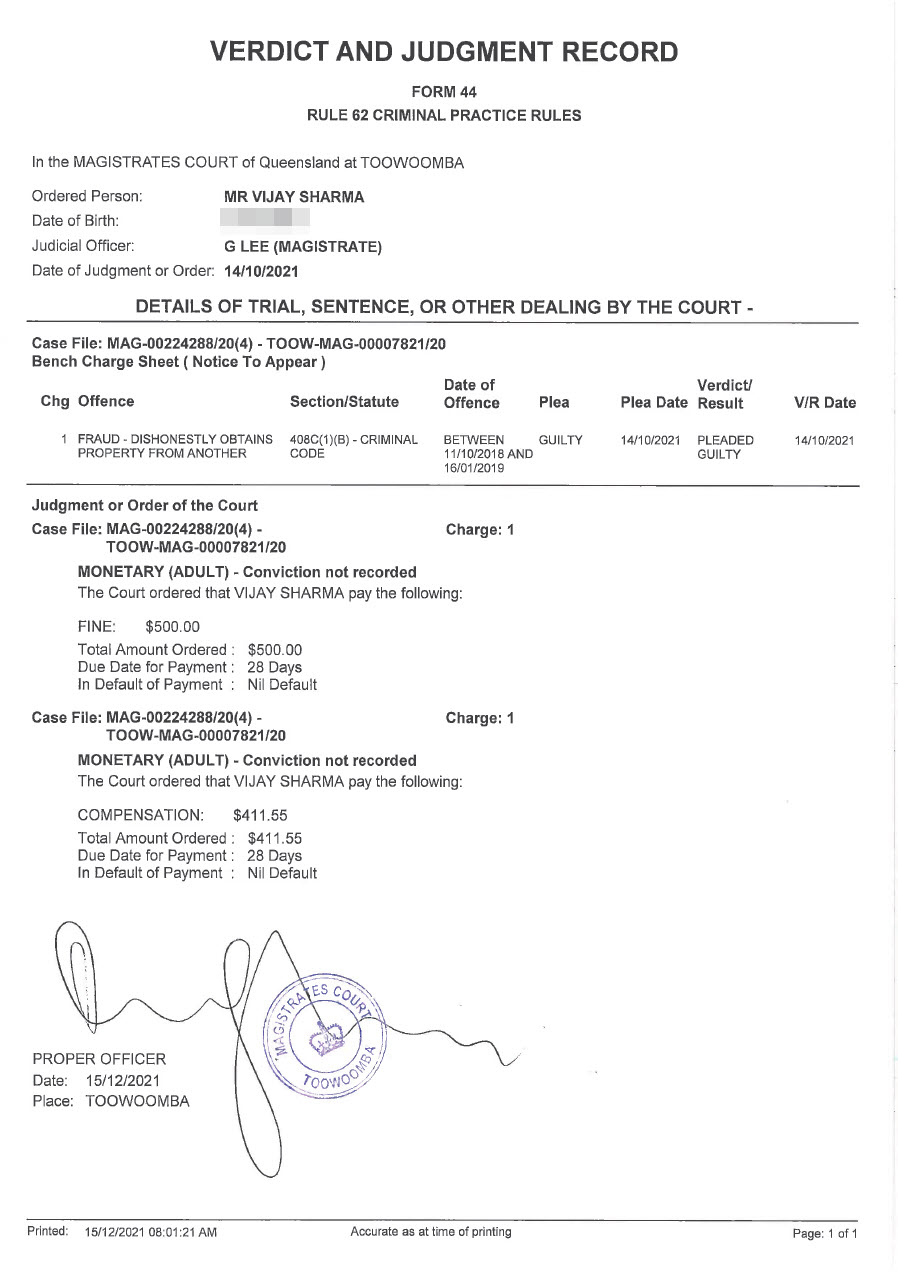 Vijay Sharma - VERDICT AND JUDGMENT RECORD